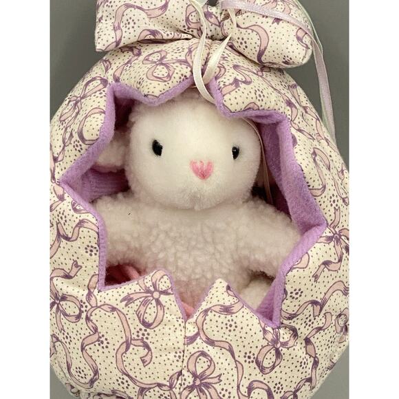 Small 5” Baby Lamb Sheep W/ Pink Diaper Plush In 7” Cloth Egg Shaped W/ Bow - Picture 2 of 8